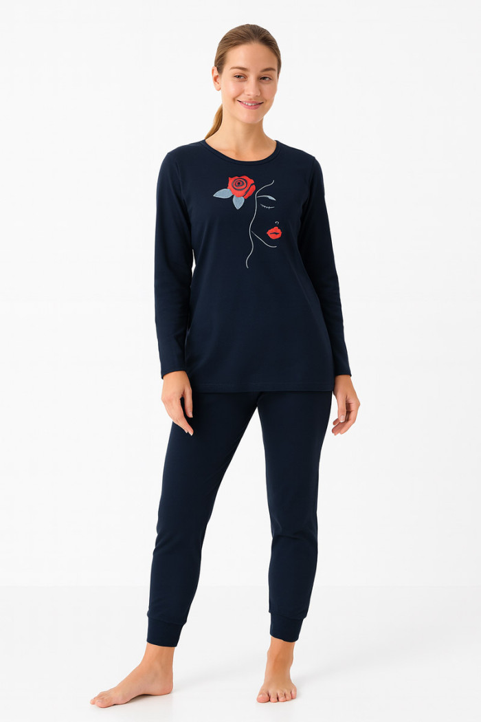 CHERRY dark blue women's long-sleeve pyjamas with print