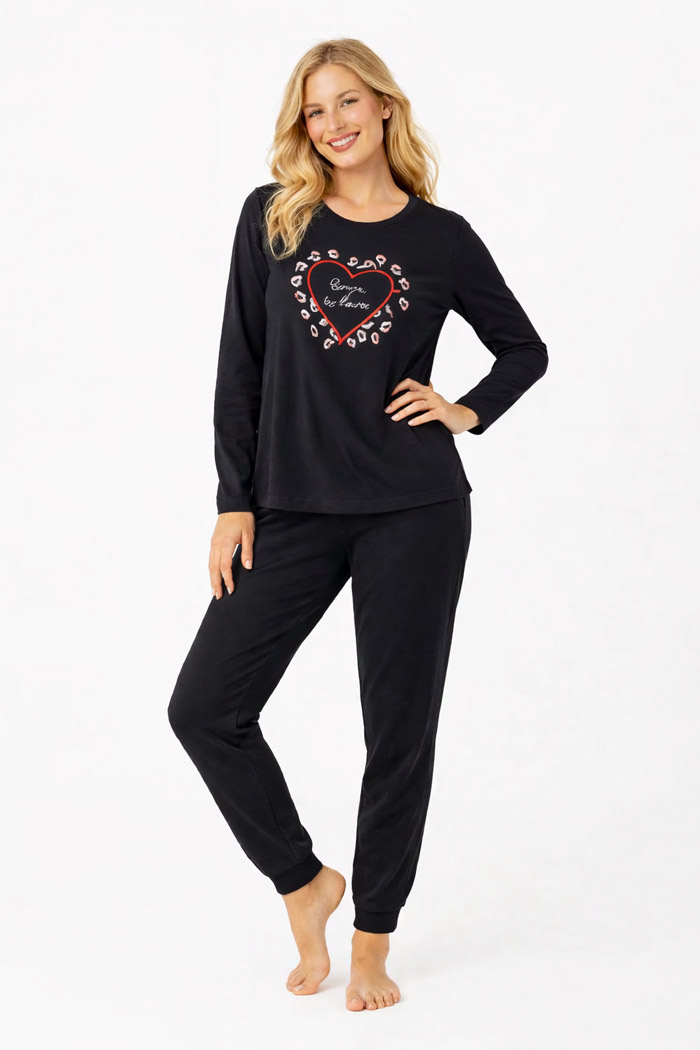 CHERRY black women's long-sleeve pyjamas with print