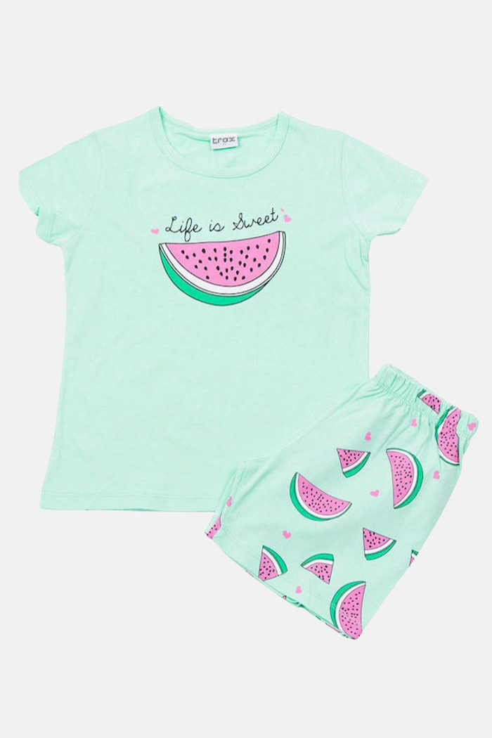 TRAX girls’ mint summer pyjamas with printed top and patterned shorts