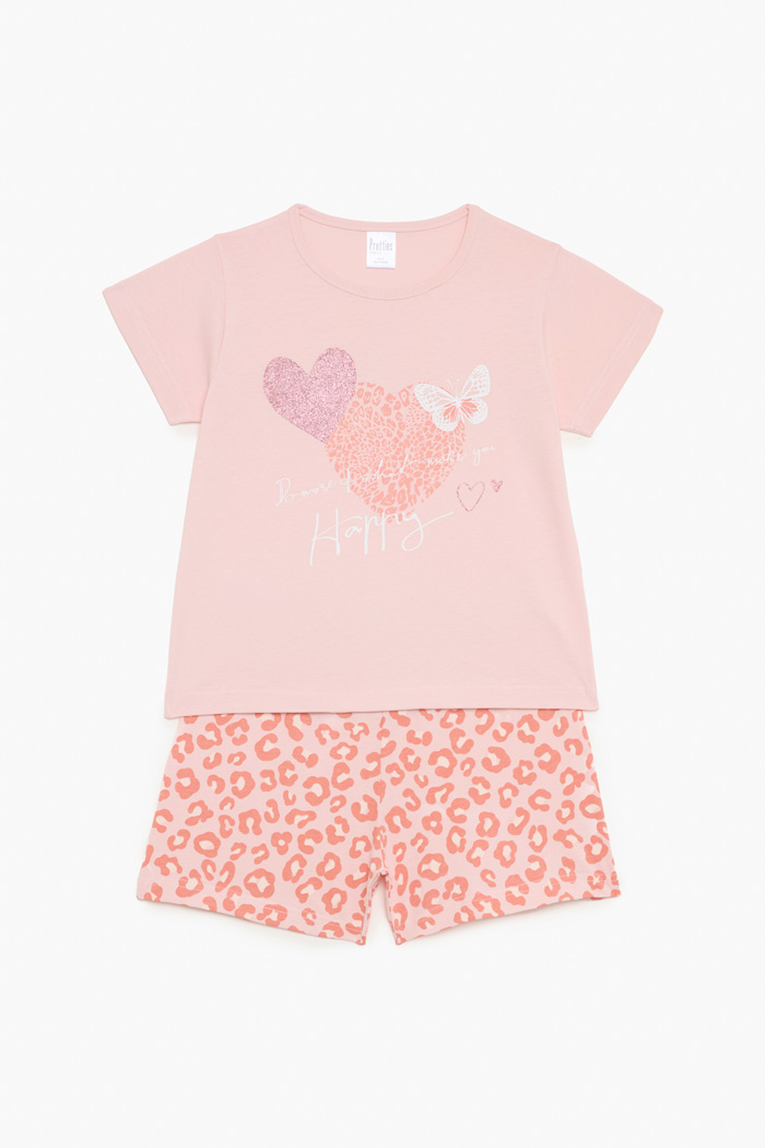 Pretty Baby girls’ pink Happy pyjama set 63166 with leopard-pattern shorts