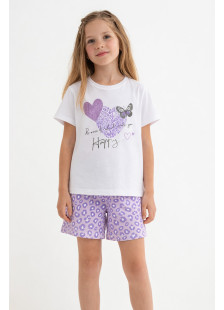 Pretty Baby girls’ white pyjama set 63166-2 with Happy print and leopard-pattern shorts