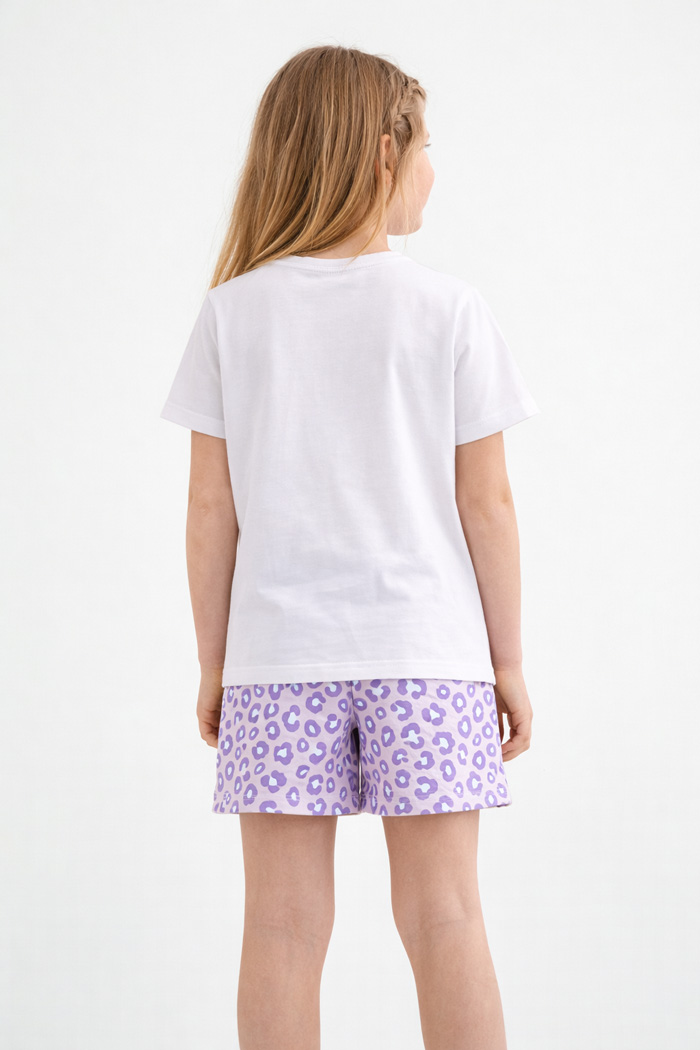 Pretty Baby girls’ white pyjama set 63166-2 with Happy print and leopard-pattern shorts