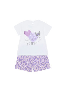 Pretty Baby girls’ white pyjama set 63166-2 with Happy print and leopard-pattern shorts