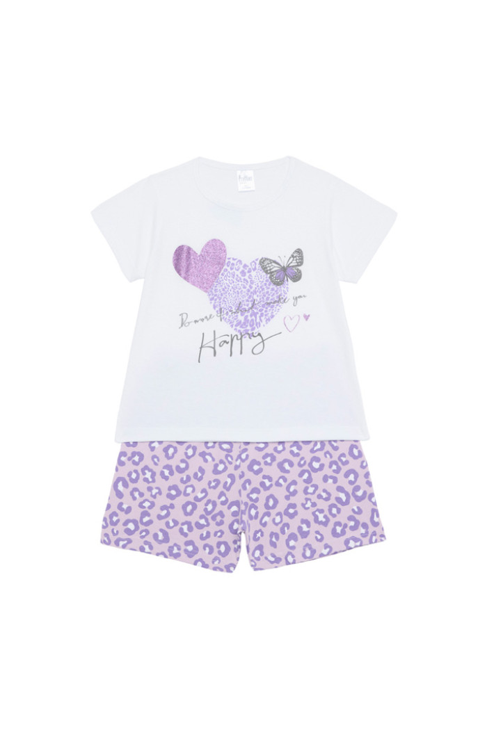 Pretty Baby girls’ white pyjama set 63166-2 with Happy print and leopard-pattern shorts