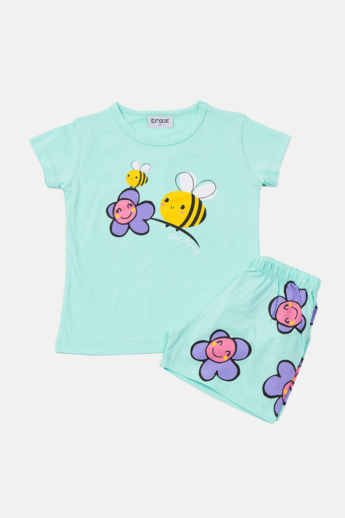 TRAX girls’ mint green summer pyjama set with printed short-sleeved top and shorts