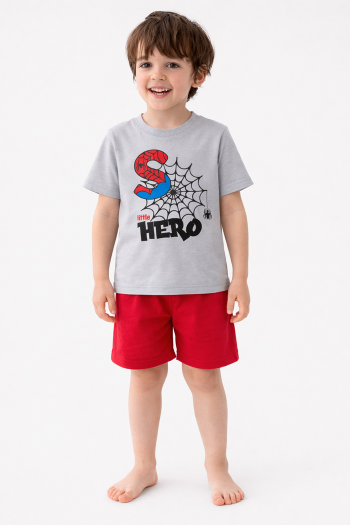 TRAX boys’ grey summer pyjama set with printed short-sleeved top and plain shorts