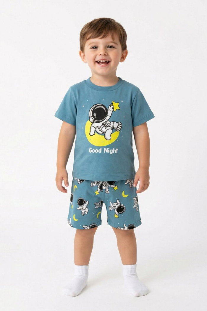 TRAX boys’ petrol blue summer pyjama set with printed short-sleeved top and plain shorts