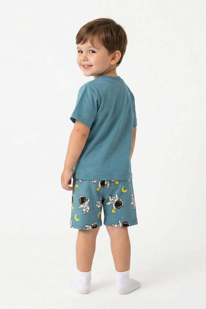 TRAX boys’ petrol blue summer pyjama set with printed short-sleeved top and plain shorts
