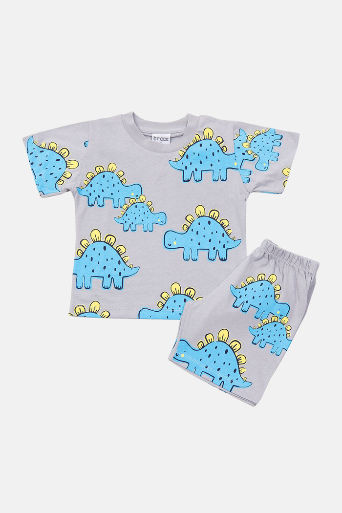 TRAX boys’ grey summer pyjama set with printed short-sleeved top and plain shorts