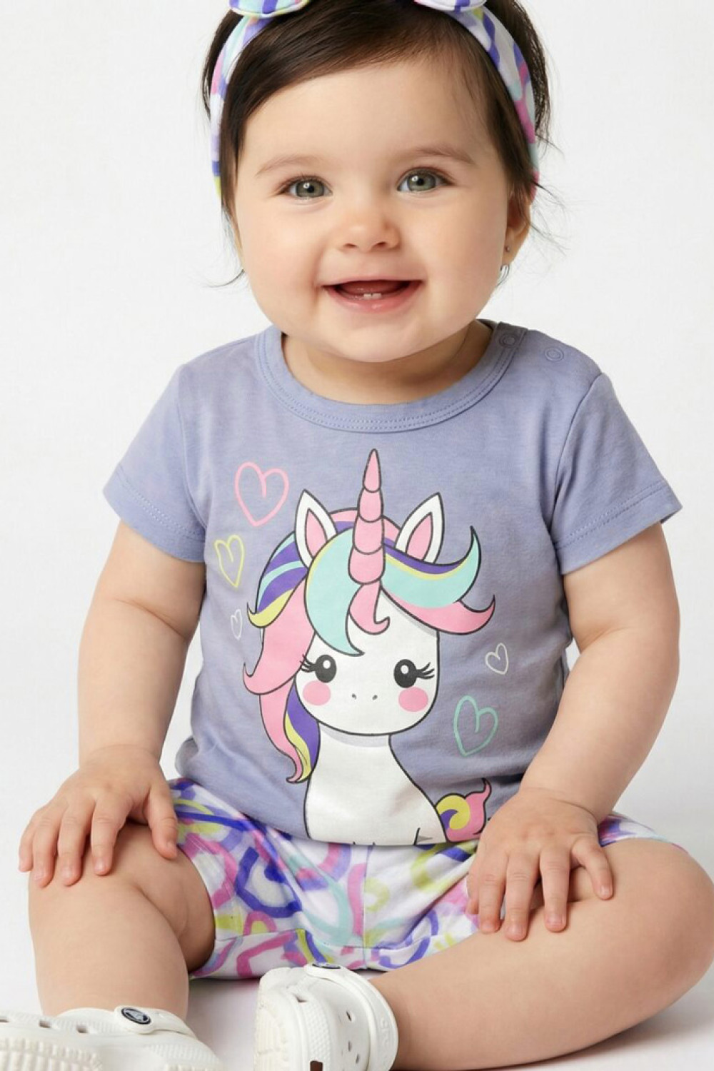 TRAX baby girls' lilac unicorn T-shirt, heart shorts and headband set