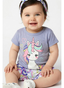 TRAX baby girls' lilac unicorn T-shirt, heart shorts and headband set