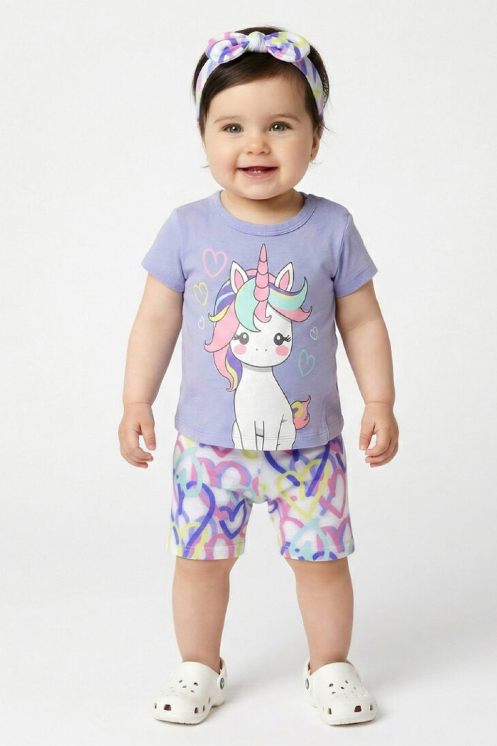 TRAX baby girls' lilac unicorn T-shirt, heart shorts and headband set