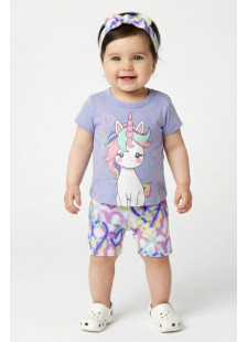 TRAX baby girls' lilac unicorn T-shirt, heart shorts and headband set