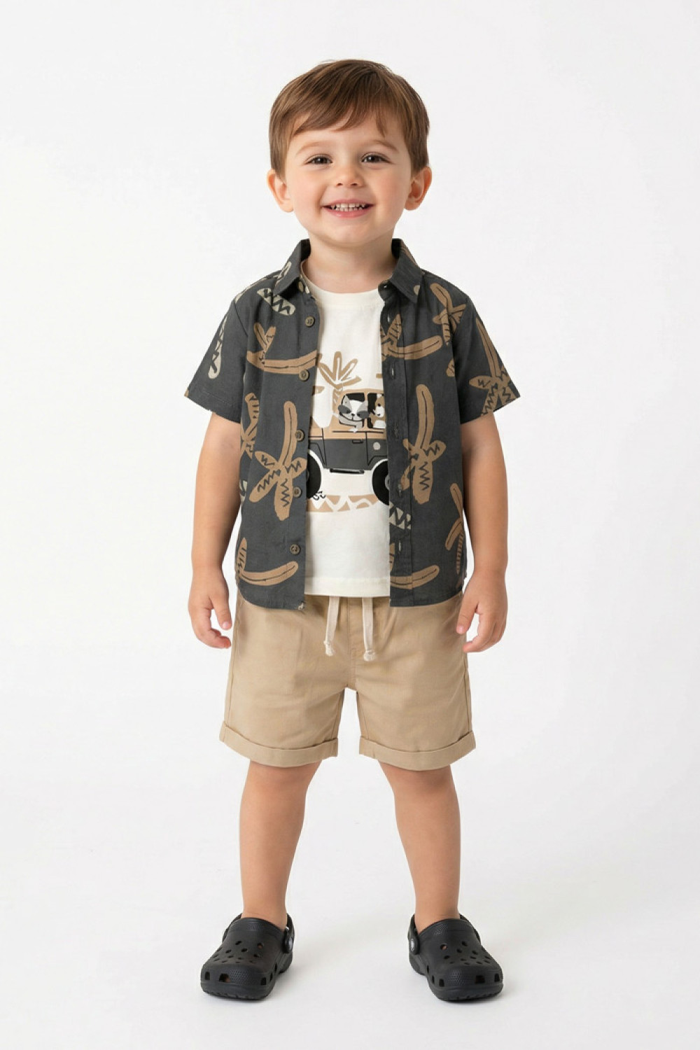 TRAX boys' tropical-print shirt, white T-shirt and beige-khaki shorts set