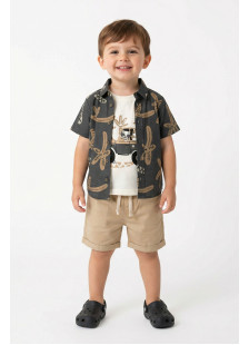 TRAX boys' tropical-print shirt, white T-shirt and beige-khaki shorts set