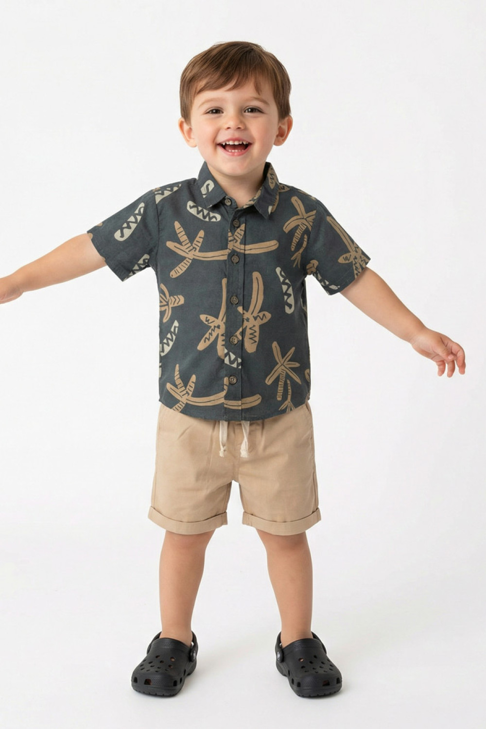 TRAX boys' tropical-print shirt, white T-shirt and beige-khaki shorts set