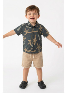 TRAX boys' tropical-print shirt, white T-shirt and beige-khaki shorts set
