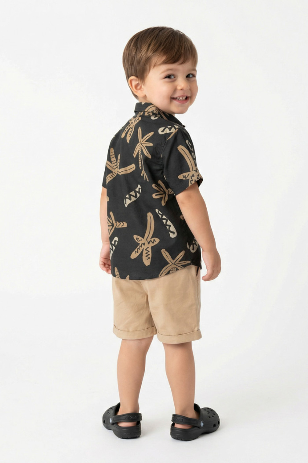 TRAX boys' tropical-print shirt, white T-shirt and beige-khaki shorts set
