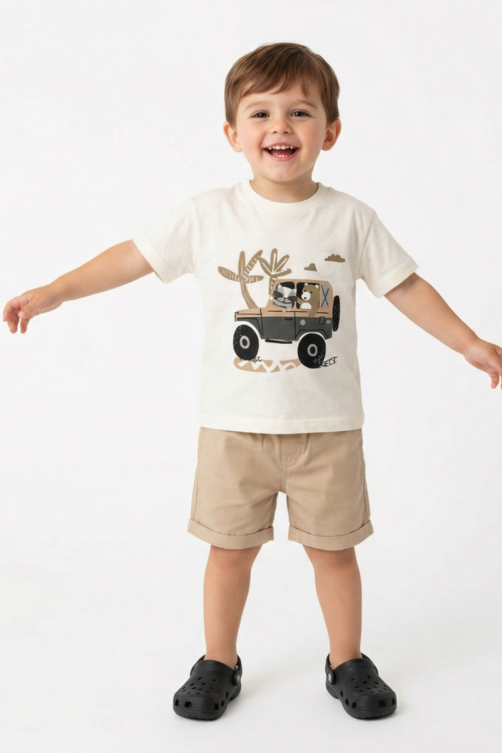 TRAX boys' tropical-print shirt, white T-shirt and beige-khaki shorts set