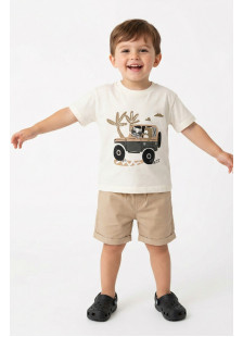 TRAX boys' tropical-print shirt, white T-shirt and beige-khaki shorts set