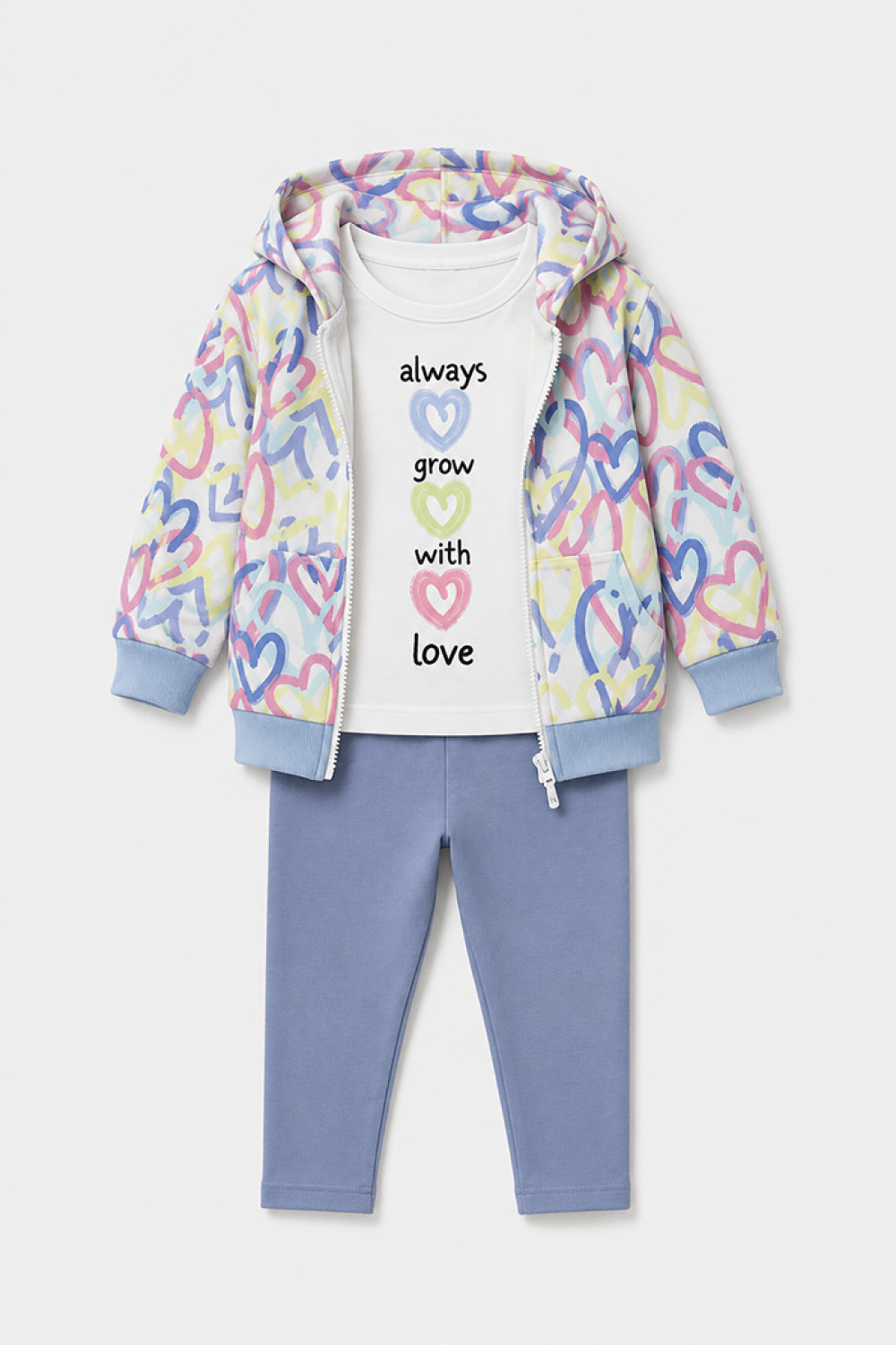 TRAX girls' white T-shirt, blue-grey leggings and heart-print hooded jacket set