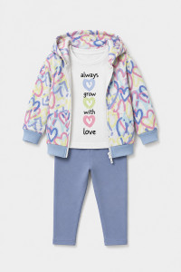 TRAX girls' white T-shirt, blue-grey leggings and heart-print hooded jacket set