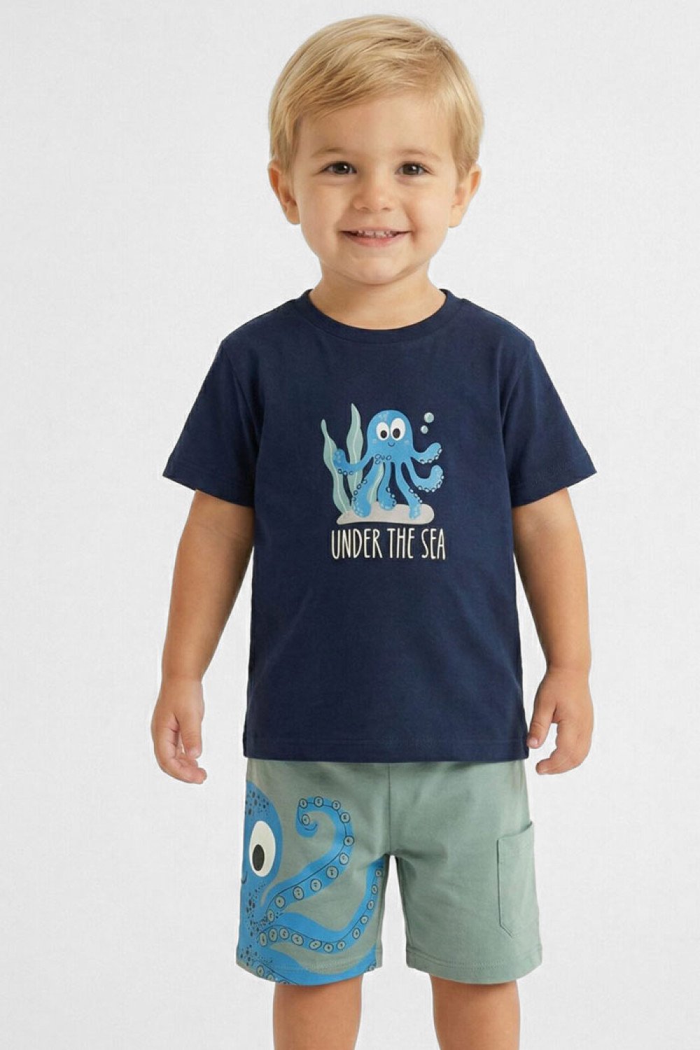 TRAX boys' navy T-shirt and cargo shorts summer set with octopus print