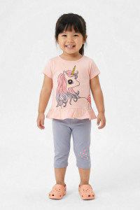 TRAX girls' pink unicorn T-shirt and grey-lilac capri leggings set