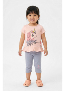 TRAX girls' pink unicorn T-shirt and grey-lilac capri leggings set