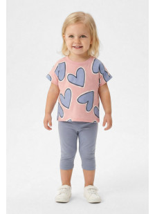 TRAX girls' pink heart-print T-shirt and grey-blue capri leggings set