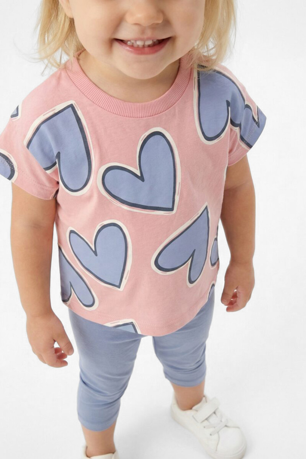TRAX girls' pink heart-print T-shirt and grey-blue capri leggings set