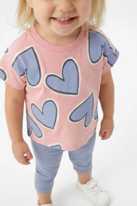 TRAX girls' pink heart-print T-shirt and grey-blue capri leggings set