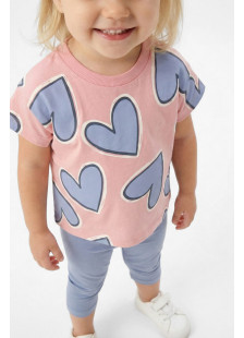 TRAX girls' pink heart-print T-shirt and grey-blue capri leggings set