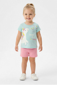 TRAX girls' light turquoise unicorn T-shirt and pink shorts set