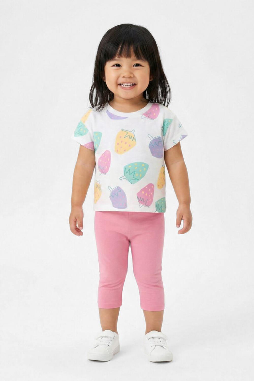 TRAX girls' white strawberry-print T-shirt and pink capri leggings set