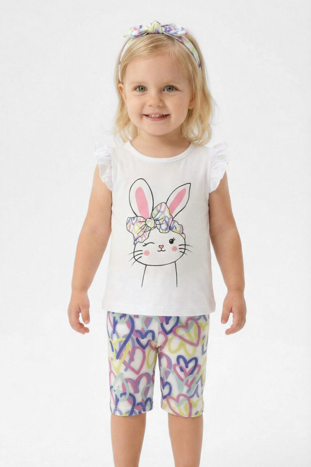 TRAX girls' white bunny T-shirt, heart-print capri leggings and hairband set