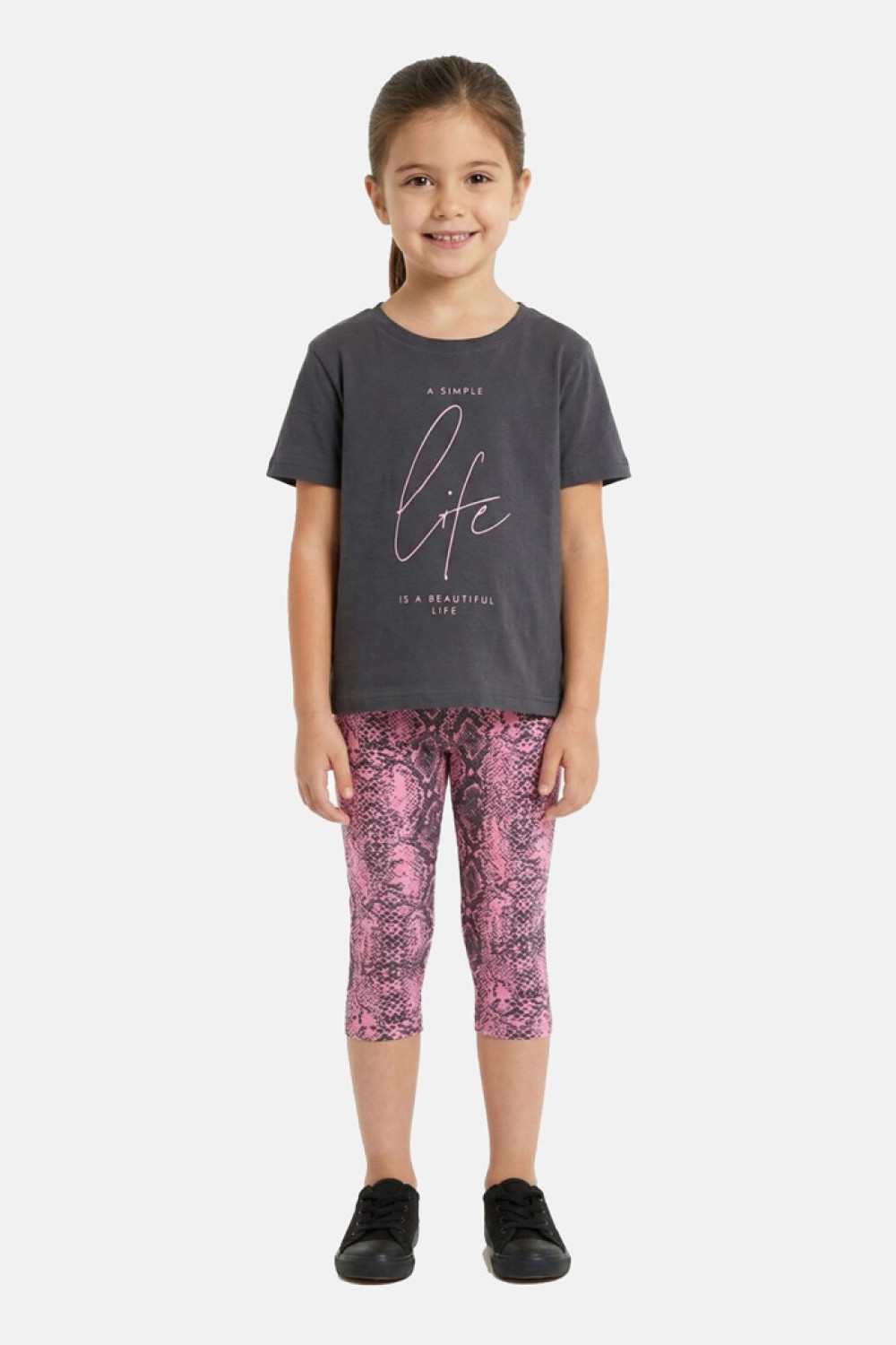 TRAX teen girls' charcoal slogan T-shirt and pink snakeskin-print capri leggings set