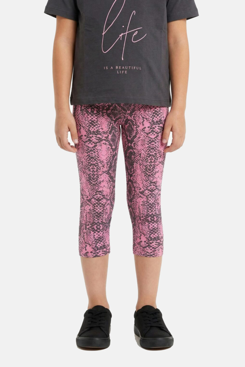 TRAX teen girls' charcoal slogan T-shirt and pink snakeskin-print capri leggings set