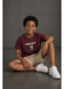 TRAX boys’ burgundy T-shirt and beige Bermuda shorts set with fingerprint print