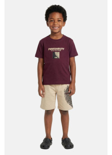 TRAX boys’ burgundy T-shirt and beige Bermuda shorts set with fingerprint print