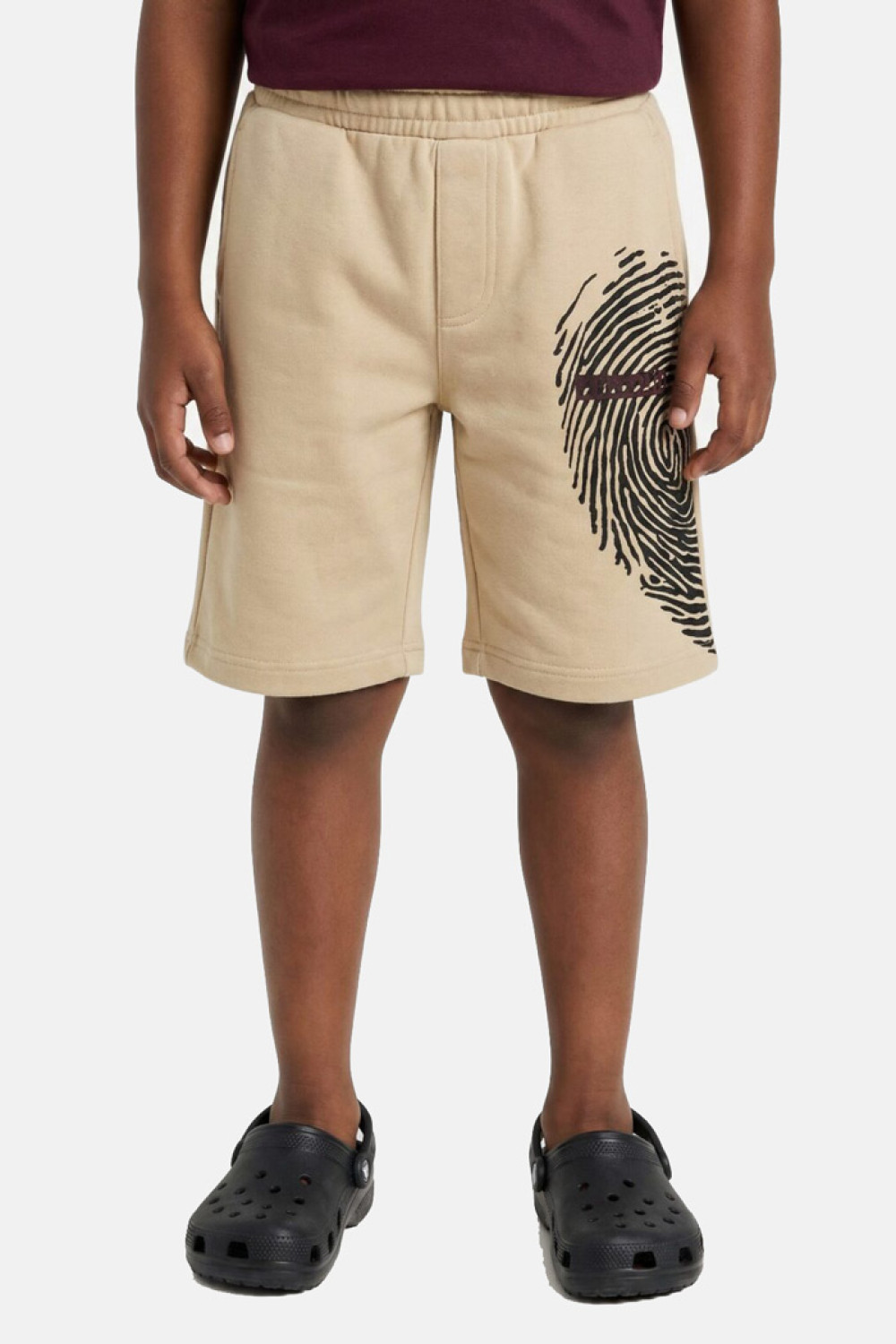 TRAX boys’ burgundy T-shirt and beige Bermuda shorts set with fingerprint print