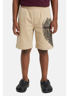 TRAX boys’ burgundy T-shirt and beige Bermuda shorts set with fingerprint print