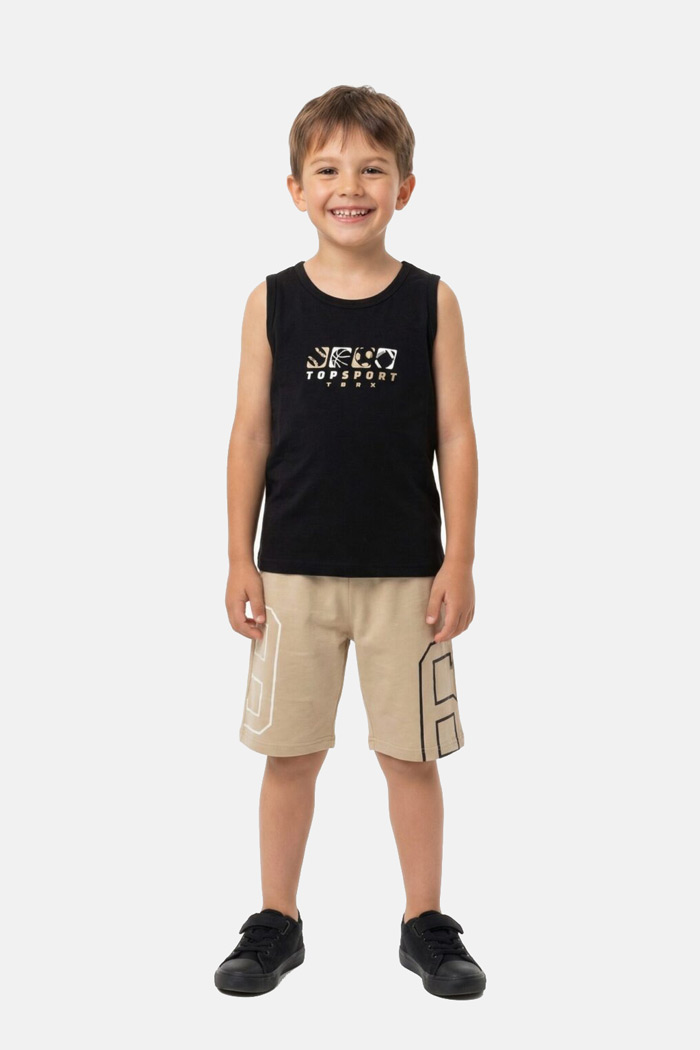 TRAX boys’ black sleeveless top and beige Bermuda shorts set