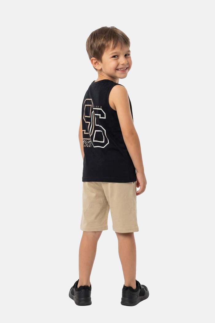 TRAX boys’ black sleeveless top and beige Bermuda shorts set