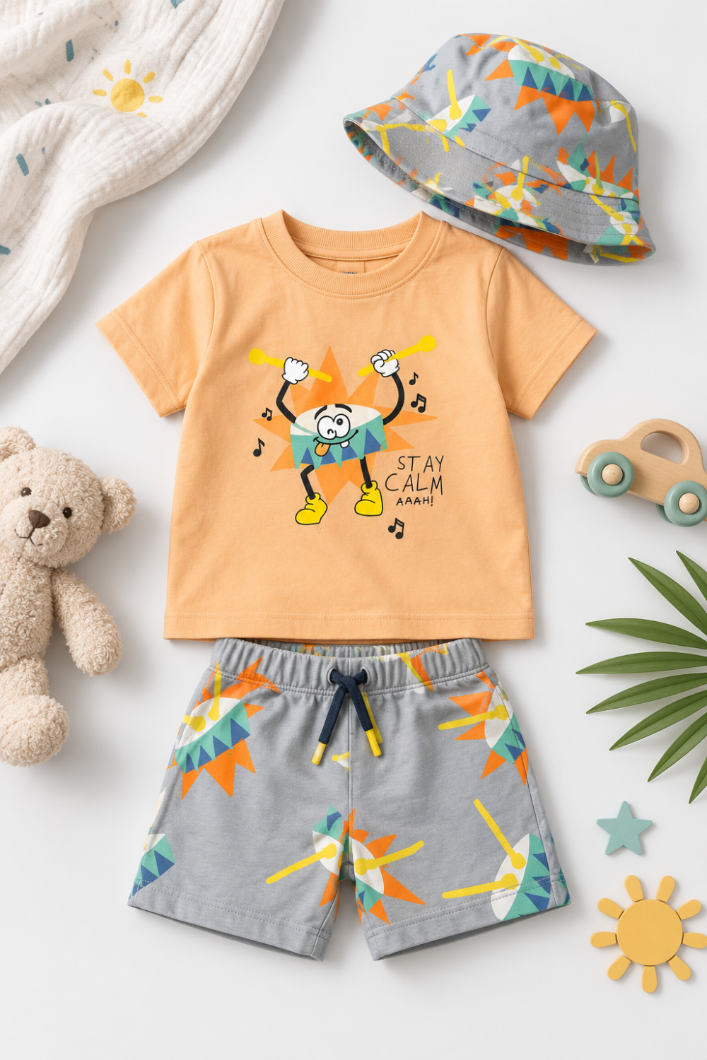 TRAX baby boys’ saffron-yellow T-shirt, grey shorts and bucket hat set
