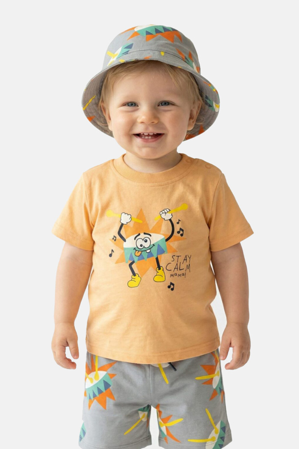TRAX baby boys’ saffron-yellow T-shirt, grey shorts and bucket hat set