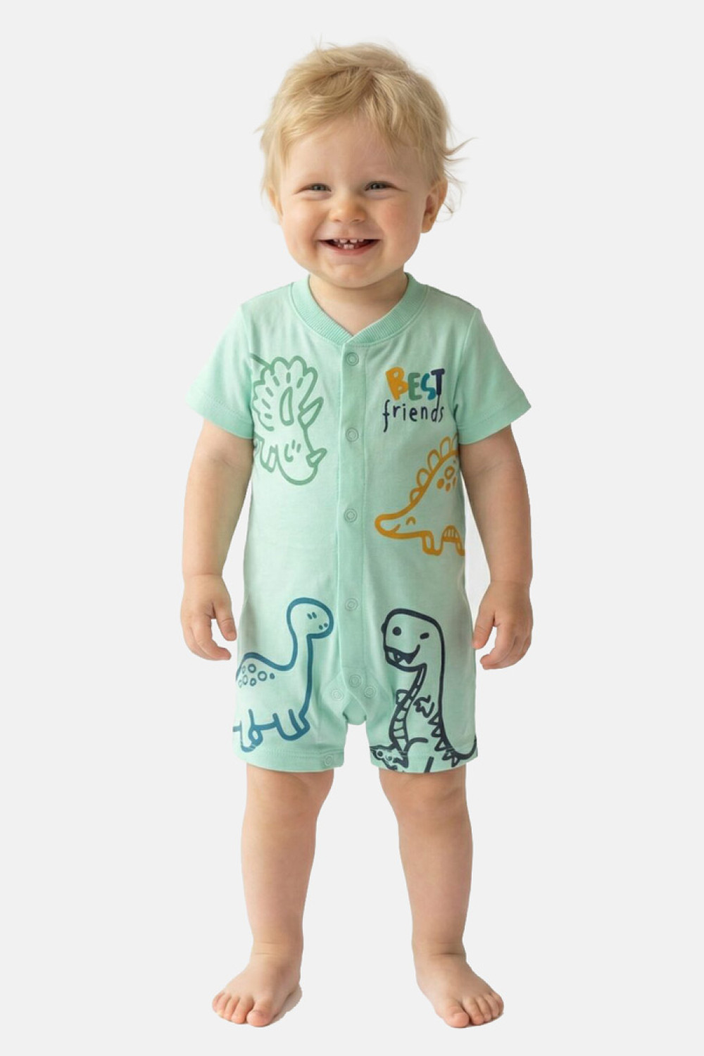 TRAX baby boys’ turquoise dinosaur print summer romper
