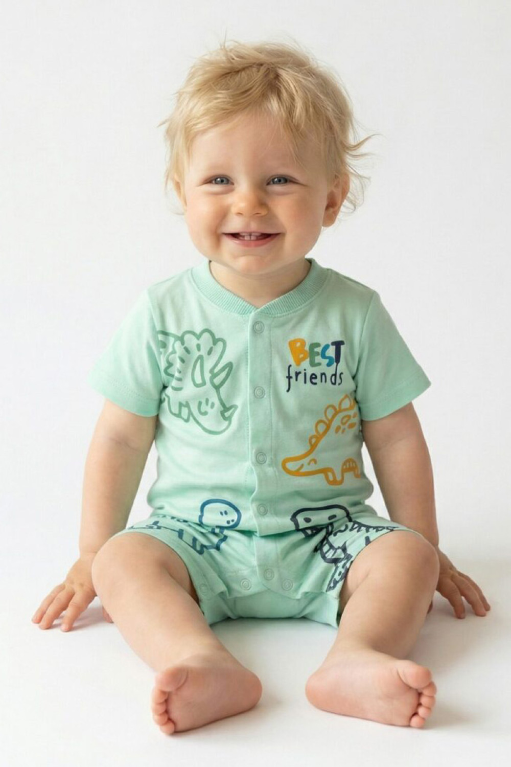 TRAX baby boys’ turquoise dinosaur print summer romper