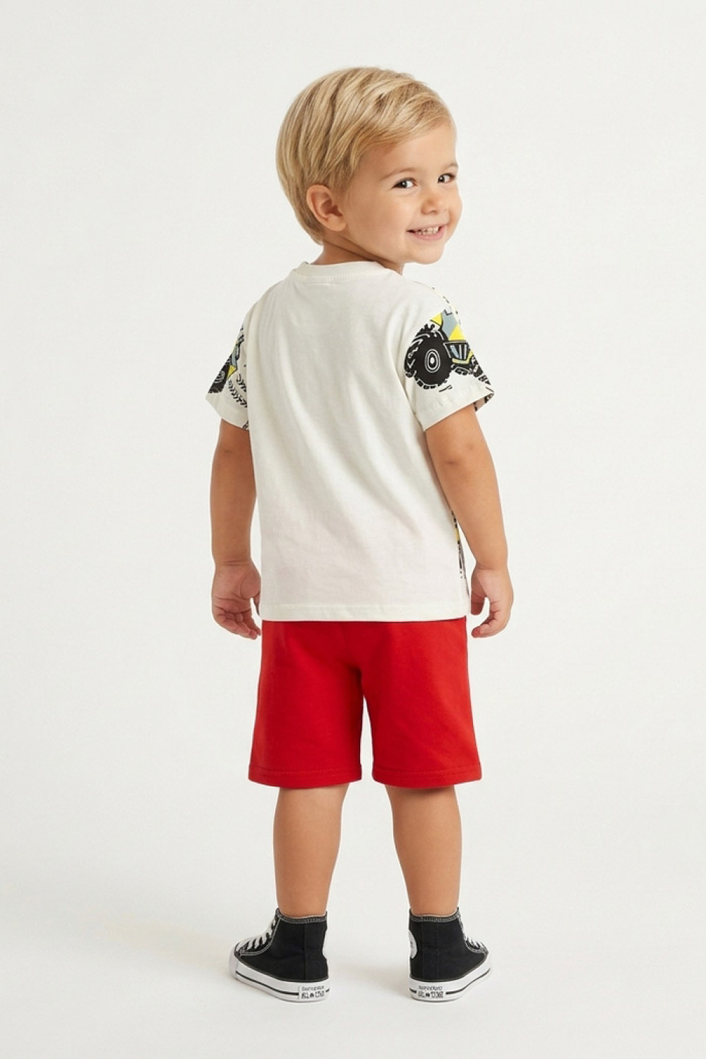 TRAX boys’ white monster trucks T-shirt and red Bermuda shorts set