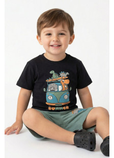 TRAX boys’ charcoal dinosaur T-shirt and soft green Bermuda shorts set